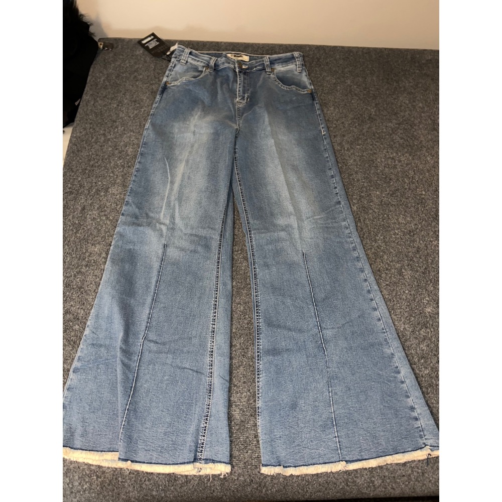 Rock and Roll Denim High Rise Palazzo Flare Jeans Light Wash 33x32 Raw Hem